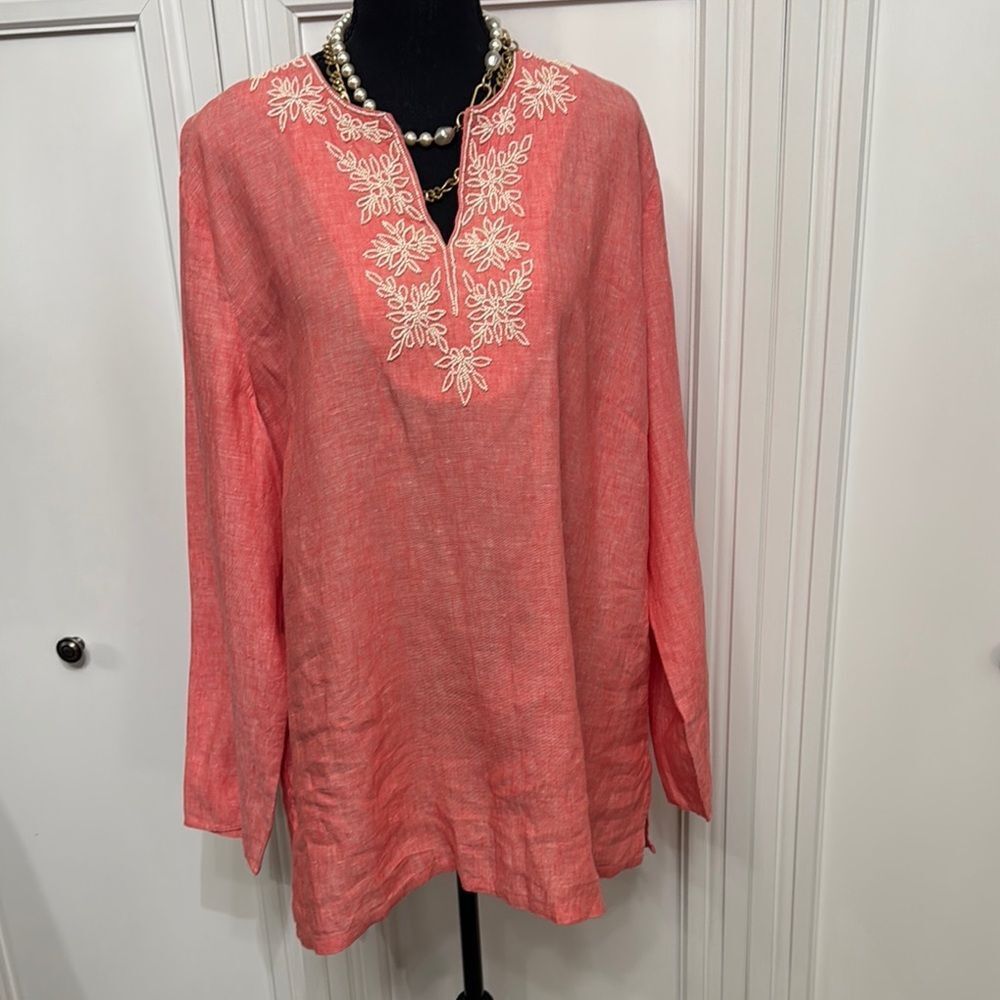 Lands' End Coral Tunic with Cream Embroidered V-Neck